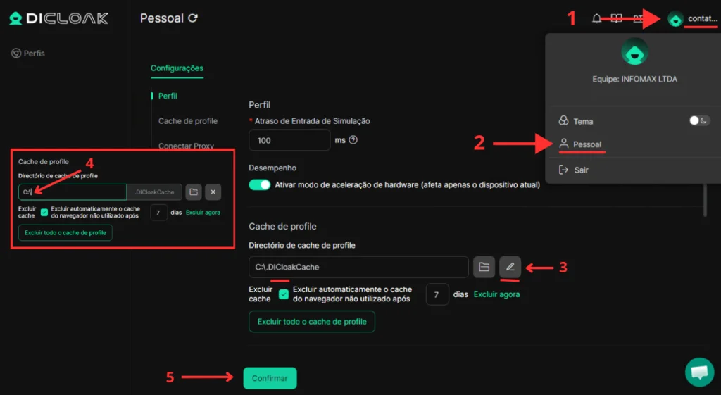 Troca da pasta de cache para C:/